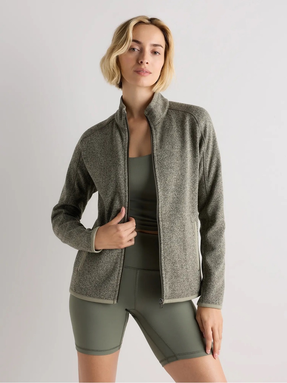 Quince Sweater-Knit Fleece Full Zip Jacket - Heather Mineral Sage Green Small